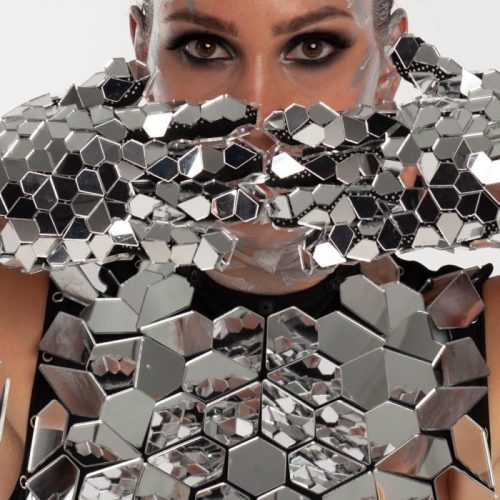 Gloves in details from Disco ball mirror bodysuit "Diamonds" costume