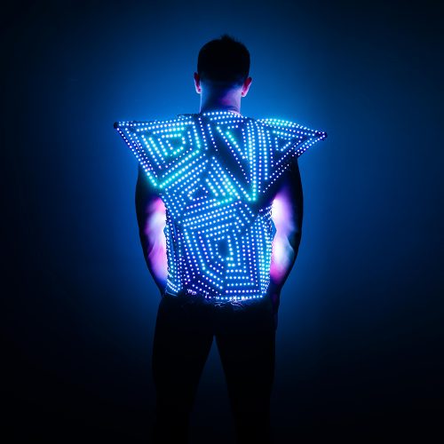 Photoshooting of LED cage armor in complete dark view from back