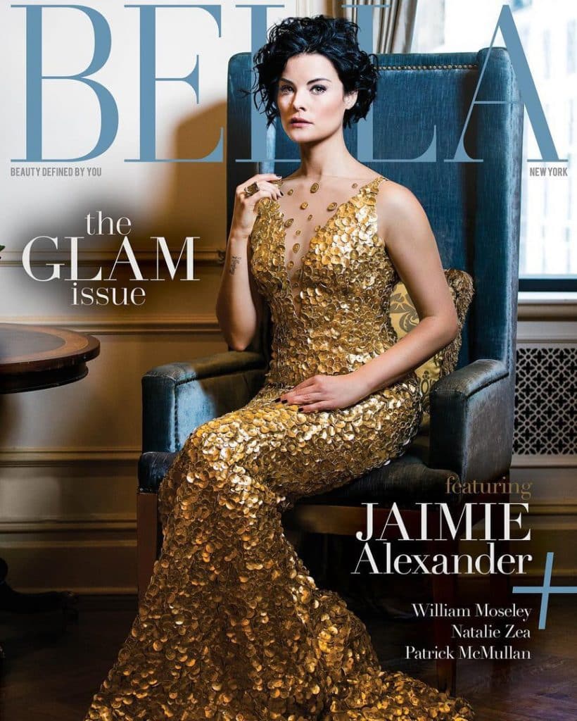 Jaimie Alexander in gold dress of Bella magazine
