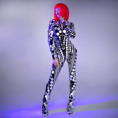 Silver Mirror Suit with a Zip ETERESHOP Disco Ball Glitter Sparkly Silver Mirror Suit "Hexagons"