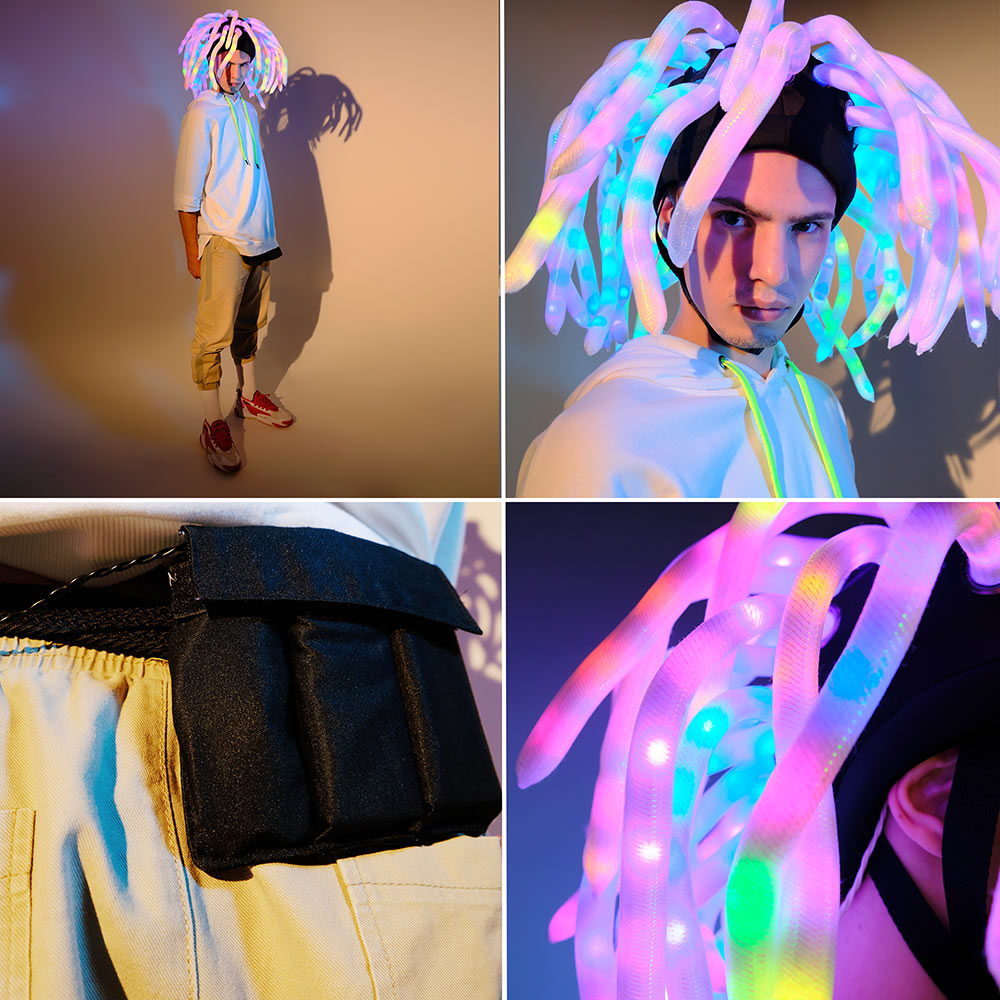 LED light up pixel hat with dreadlocks