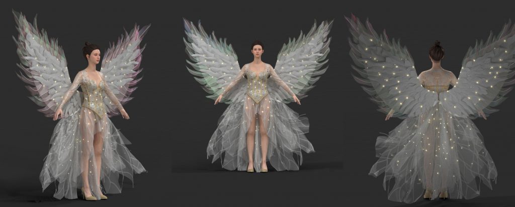 Rendering of the luminous White Angel Dress with Wings